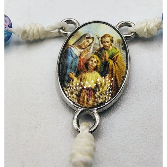 Child Rosary Necklace Blue Pink Beads Metal Cross Holy Family Picture Catholic - Picture 2 of 11